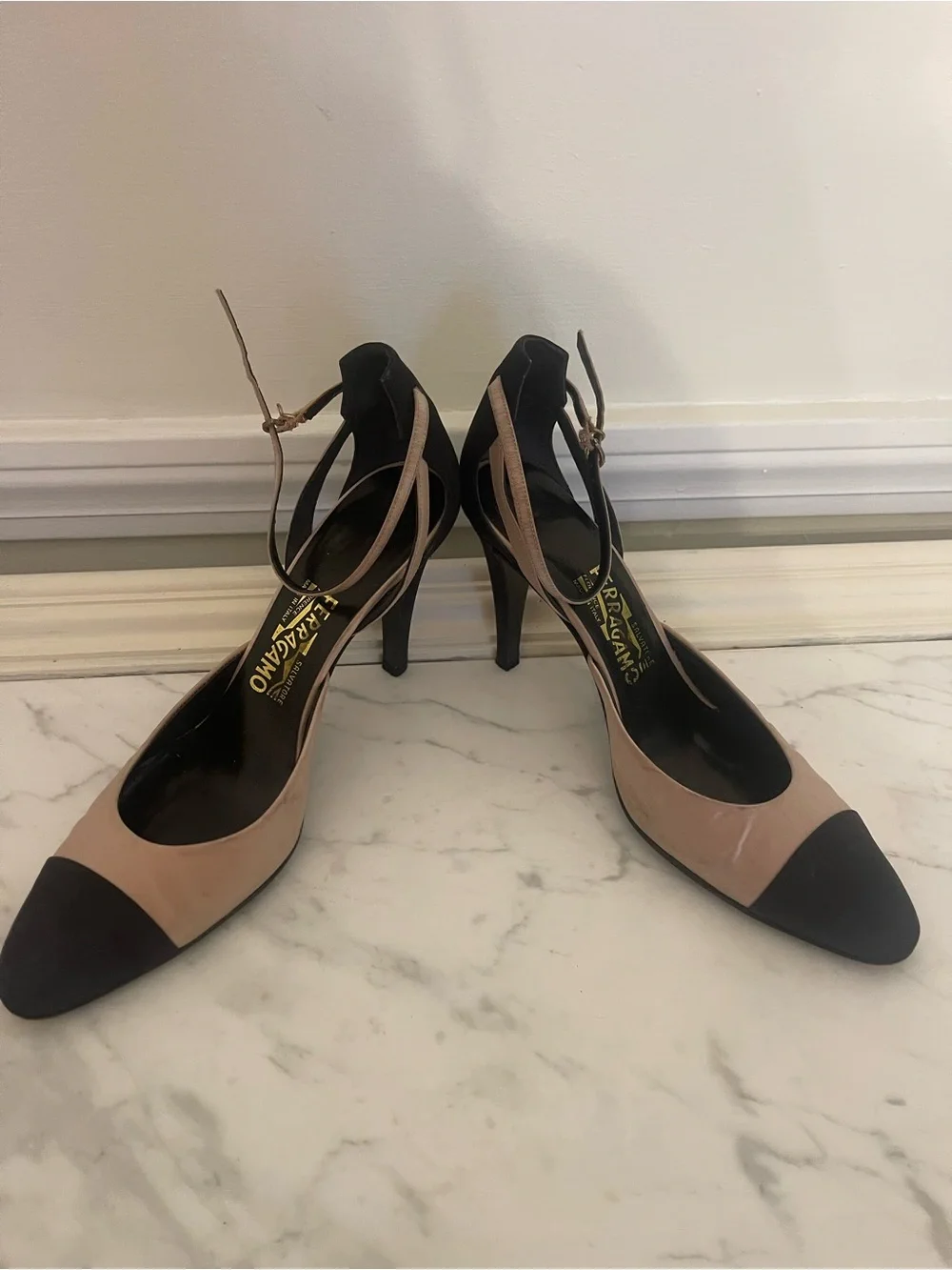 Salvatore Ferragamo Two-Tone Beige and Black Ankle-Strap Pumps